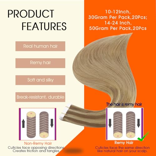 Image of Full Shine Remy Tape in Human Hair Extensions 18Inch Double Sided Tape in Extensions Color 10 /16 /16 Balayage Seamless Skin Weft Long Hair 50Gram 20Pcs for Wedding Add Length Straight
