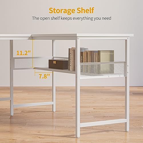 Image of CubiCubi L Shaped Gaming Desk with Power Strip, 150 * 120cm Reversible Corner Computer Desk with Storage Shelves, Modern Home Office Gaming Table, White