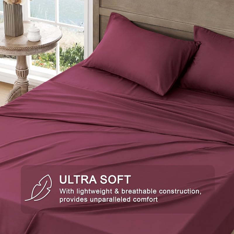 Image of FreshCulture Queen Sheet Set - Ultra Soft Sheets for Queen Size Bed - Brushed Microfiber - Deep Pockets - Easy Care - Cooling & Breathable - 4 Pieces Hotel Luxury Queen Bed Sheets (Burgundy)