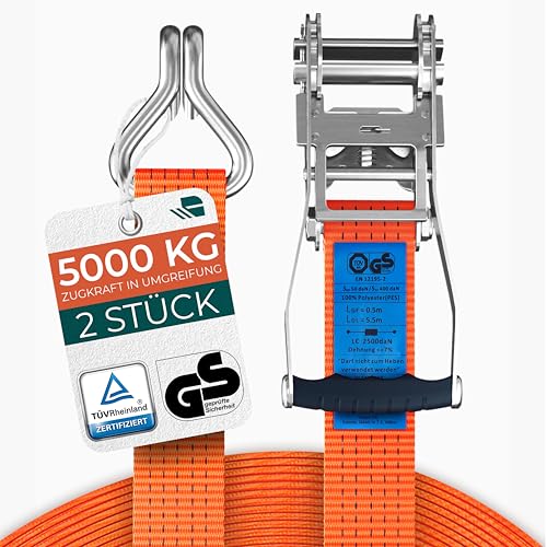 Schwerlast 5000kg Ratschengurte 6m - TÜV/GS & DIN Geprüft - Spanngurte mit Ratsche und Haken - QR Label Anleitung - Sicher & Robust [2er Set]