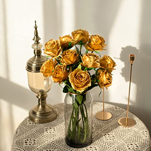 Floralsecret 12Pcs Artificial Flowers Realistic Silk Rose Flower Bouquet Long Stems Faux Flowers Color Mixing Home Wedding Party Decor(Gold) #TOP1