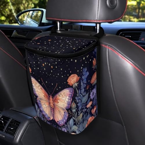 Image of Talayituse Butterfly Rose Flower Print Car Trash Can with Adjustable Straps, Car Trash Bag Bin Car Garbage Bag Multipurpose Storage Box for Vehicle Travel Camping Picnicing