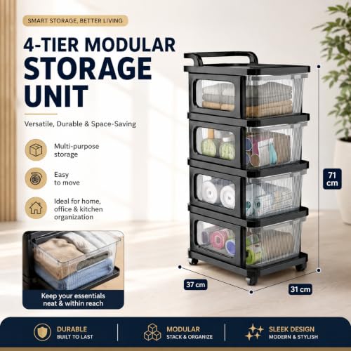 Image of Heavy Duty Plastic Storage Drawer with Wheels | Modular Cabinet for Bedroom, Office, Home or Classroom| Chest of Drawers Organiser for Cosmetics, Kitchen items, Toys (Transparent, 4)