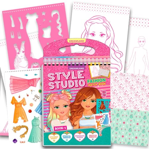Image of Style Studio Fashion Sketch Activity Book 1 for Girls Age 4-8 years- Creative Design Kit with Sticker Sheets, Stencil Sheets, Dressing Paper & Sketch Pages | Fun DIY Activity Book