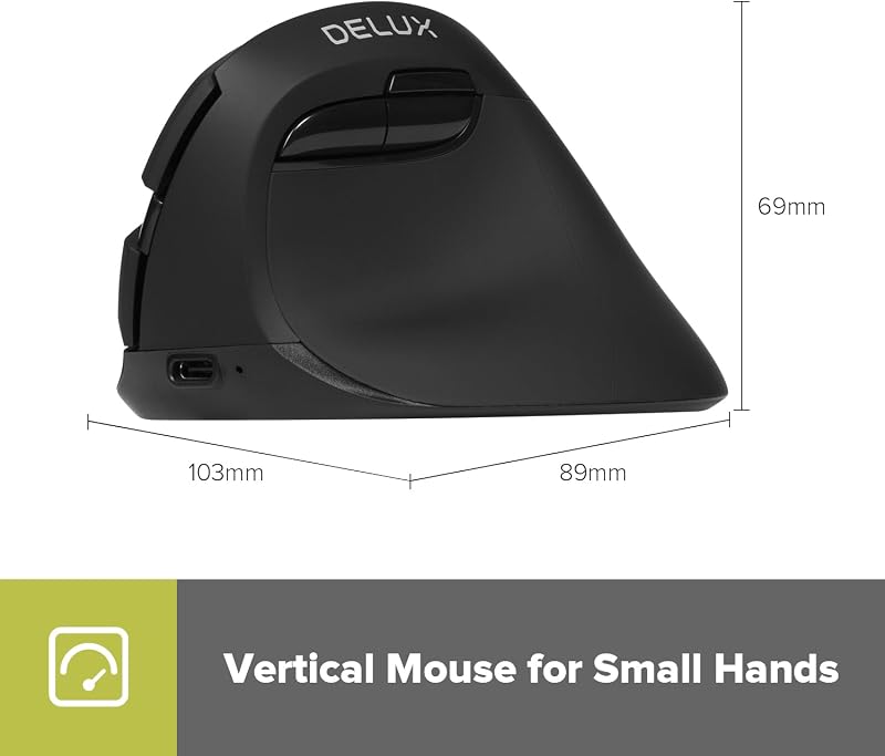 DeLUX M618MINI Ergonomikus Vezeték Nélküli Egér - Újratölthető Vertikális Egér Kis Kezekhez, 6 Gomb, 4000 DPI, Bluetooth 5.2/2.4G Kettős Mód