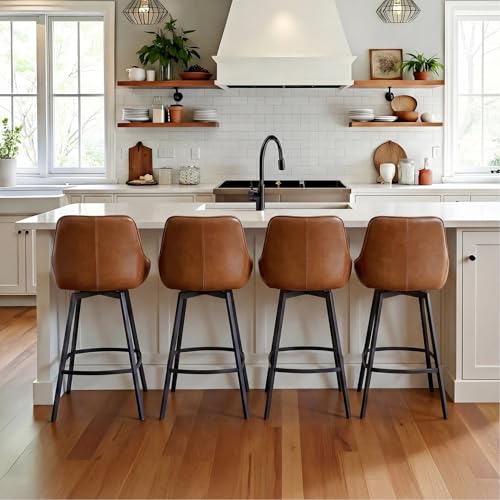 Image of Zesthouse Swivel Counter Height Stools Set of 2, Modern Upholstered Barstools with Backs, 26'' Faux Leather High Chairs for Island Kitchen, Counter Height Chairs with Metal Legs, Brownish-Orange