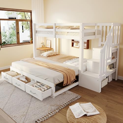 Ktipm Litera de 90x200 cm con Cama Nido para 2 Personas, Cama Litera Matrimonio con 3 Cajones y Escalera Almacenaje, Cama Infantil Literas con Barandilla Anticaída y Lamas Madera, Sin Colchón, Blanco