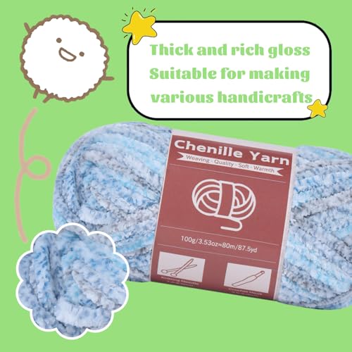 Image of LUNARM Chenille Yarn for Crochet Knitting Chunky Blanket Velvet Yarn | 3 Pack 3.5oz /100g 263 Yard Blue Gray Gradient Yarn for Beginners Knitting Scarves with Big Eye Needles Machine Washable