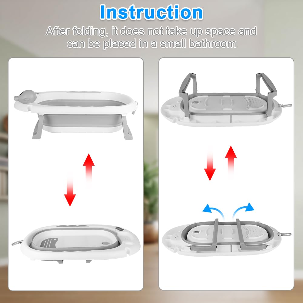 Bañera de bebé plegable en pie, bañera con soporte, cómoda cuenca plegable bebe ldeal con cojín de baño de bebe y termómetro integrado para recién nacidos y pequeños (gris)
