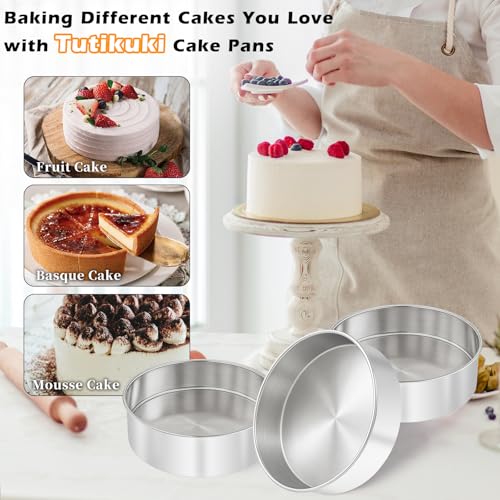 8 Inch Cake Pan - 3PCS Stainless Steel Round Layer Cake Baking Pans with 100 PCS Parchment Paper, Round Bakeware for Party Birthday Wedding, Mirror Finish & Dishwasher Safe - Image 4