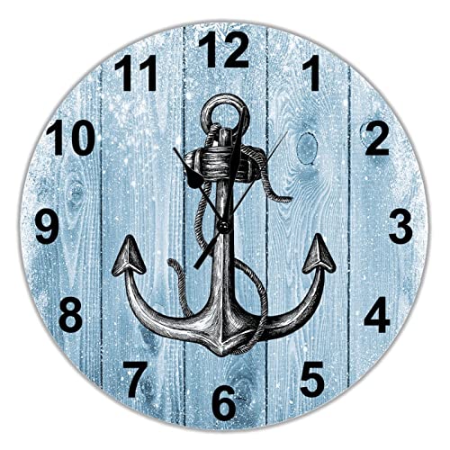 Coastal Worn Anchor Wood Wall Clocks Coastal Nautical Hanging Wall Clock Non-Ticking Quartz Battery Operated 10 in Vintage Farmhouse Wooden Wall Clock Decor for Kitchen Home Bedroom Living Room