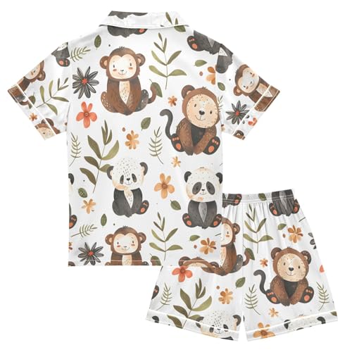 ALAZA Panda Monkey Leaves Pajamas Satin Pajama Set Short Sleeve Button Down Sleepwear2