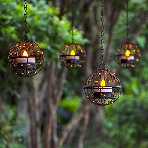 ZHONGXIN Solar Lights Outdoor Hanging Lanterns, Beaded Copper Wire Ball Candle Holder with Solar Tea Lights, Perfect for Home, Garden, Backyard, Pergola, Patio Umbrella, Tree, Window Decor-Set of 4 Cover