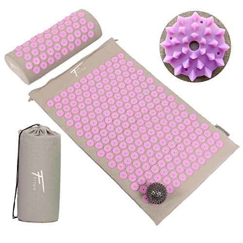 Kit de acupresión Fitem - Esterilla de acupresión + Cojín de acupresión + Bolsa + Bola de masaje - Alivia dolores de Espalda y Cuello - Ciática - Masaje de espalda - Relajación muscular