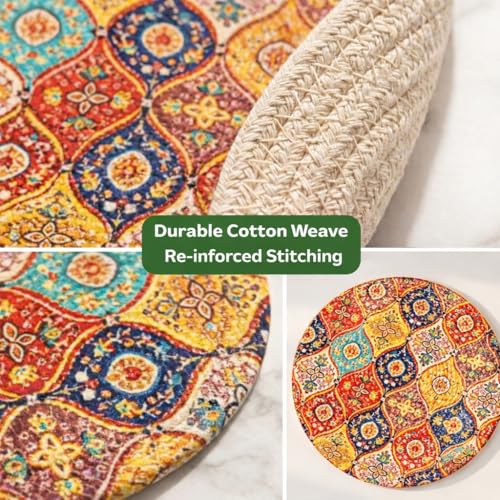 Image of Premium Round Cotton Dining Table Mats Set of 2 | Washable Heat Resistant Food Mat | Circular Dining Table Hot Plate Mats & Coaster for Hot Utensil (14-inch, Printed Mandala /Multicolour)