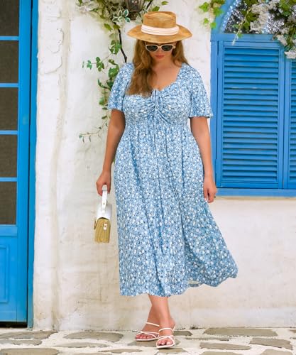 Image of CARCOS Plus Size Dresses for Curvy Women Tie Sweetheart Neck Summer Maxi Dress Short Sleeve Empire Waist Floral Boho Dress
