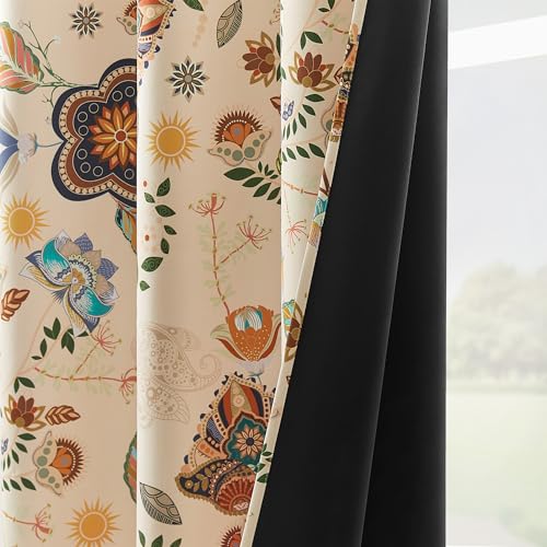 Image of XiDi Boho Blackout Beige Floral Curtains for Cafe Kitchen 54 Inches Long | 2 Panels Vintage Flower Patterned Curtain Thermal Soundproof Grommet Window Treatments Drapes for Bedroom Living Room 52Wx54L