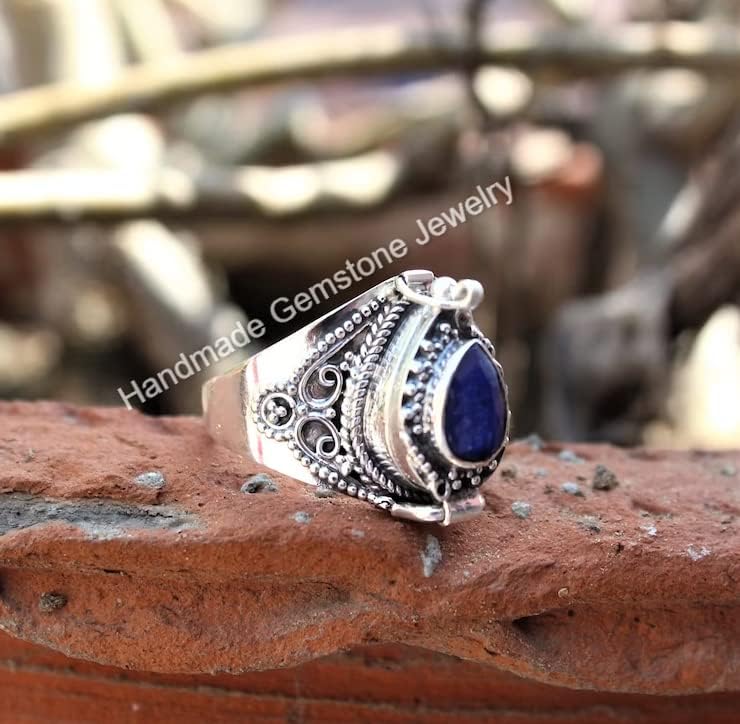 Sapphire Ring, Poison Box Ring, Poisoner Ring, Poison Ring, Small Box Ring, Locket Ring, Blue Sapphire ~ Gemstone Box Ring, Pear Stone Ring, Poison Pill Box, Raw Sapphire Ring, Antique Poison Ring
