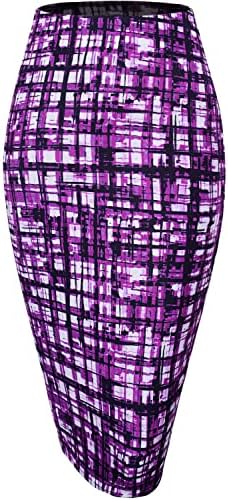 Pencil Skirts for Women Knee Length Stretchy Plaid(Purple,L)