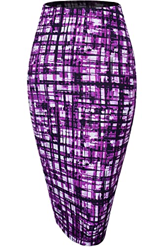 Pencil Skirts For Women Knee Length Stretchy Plaid(Purple,L) #TOP3