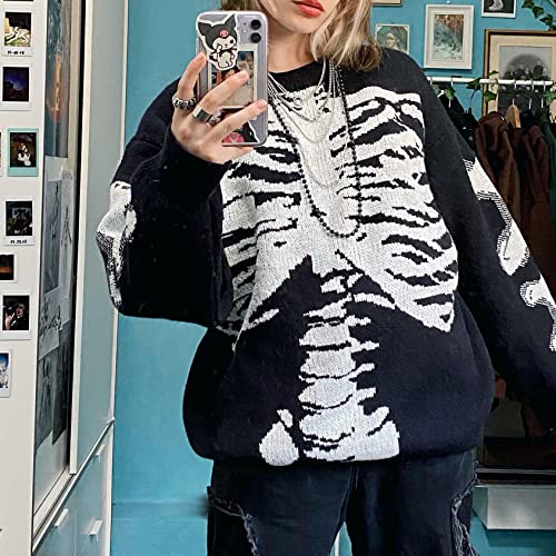 Perbai Men's Vintage Skeleton Ghost Sweater Crewneck Long Sleeve Halloween Oversized Knitted Jumper Top4