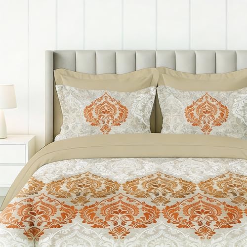 Image of LANE LINEN 100% Cotton Printed King Size Bedsheet - Orange | OEKO-Tex Certified, 250TC, Fits King & Double Bed, Damask Print, Breathable & Wrinkle-Free, Includes 2 Pillow Covers