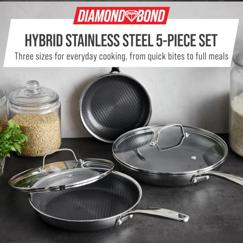 Image of Blue Diamond Hybrid 5pc Stainless Steel Nonstick Fry Pan Set with Two Lids | 8 inch, 10 inch, 12 inch Skillets with Glass Lids, PFAS-Free Ceramic Nonstick, Induction & All Cooktop Compatible, Dishwasher / Oven Safe
