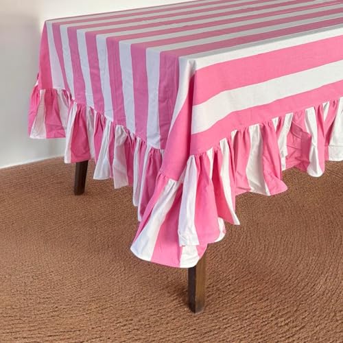 Mantel rectangular de algodón indio con volantes, diseño de rayas rosas y blancas, para el día de San Valentín (72 x 120 pulgadas)