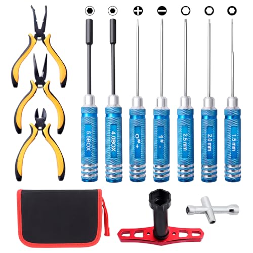 RC Car Tool Kit - Screwdriver Set (Flat, Phillips, Hex), Pliers, Wrench, Repair Tools for Quadcopter...
