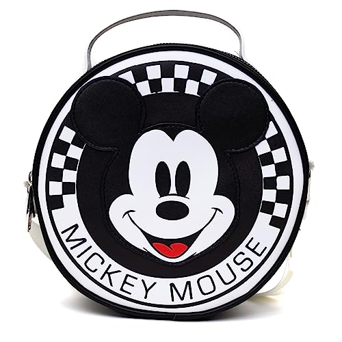 Disney Bag, Crossbody, Round, Mickey Mouse Smiling Face Applique Checker White Black, Vegan Leather