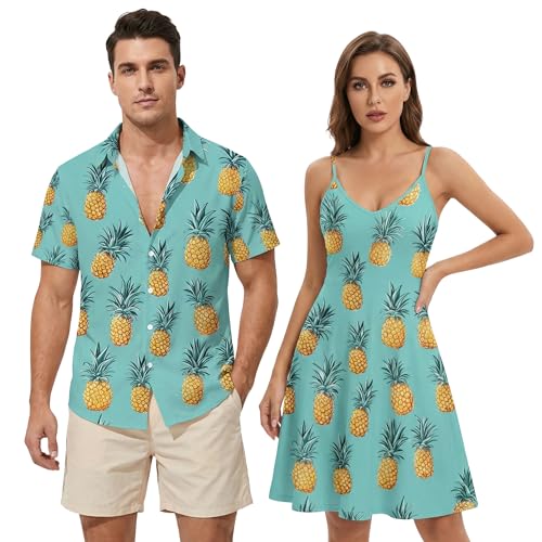 Image of DRESSFO Matchable Couples' Outfit Tropical Leaf Pineapple Print Button-up Shirt Or Strappy Dress