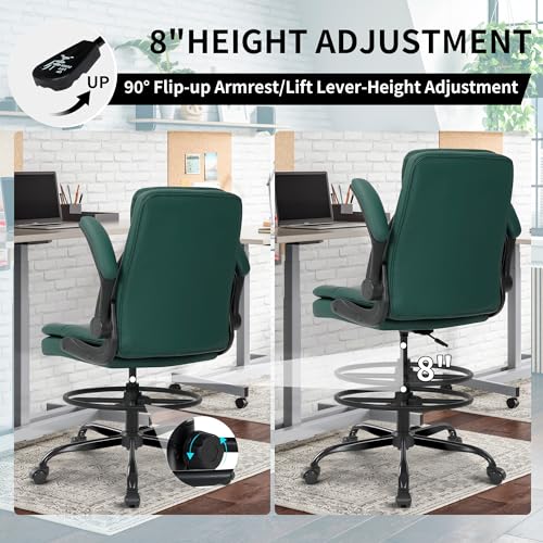 Image of Misolant Drafting Chair, Tall Office Chair for Standing Desk, High Leather Executive Office Chair with Adjustable Height and Flip-up Armrest for Counter Height Desk Green
