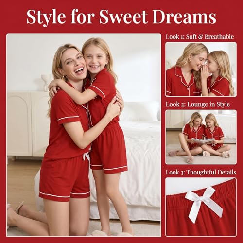 LANKMEI Womens Button Down Pajama Sets 2 Piece Soft Comfy Short Pj Sleepwear, Red, X-Large — view 5