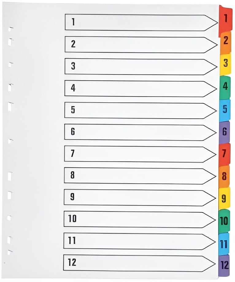 Indigo® A4 File Dividers – Numbered 1–12 Index with Multicolour Tabs, White Card, Mylar-Reinforced, Multipunched – Pack of 10 for Binders & Filing