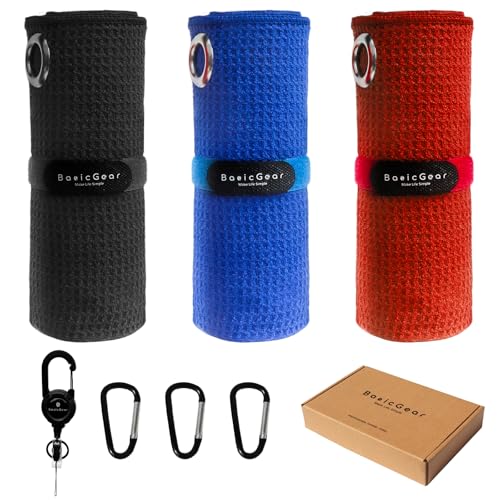 BasicGear Fishing Towel 3 Pack Waffle Pattern Fishing Towels (16x16) with ABS Retractable Buckle and Carabiner Clip Hook and Loop Fastener Fishing Gifts for Men/Women (Black/Red/Blue)