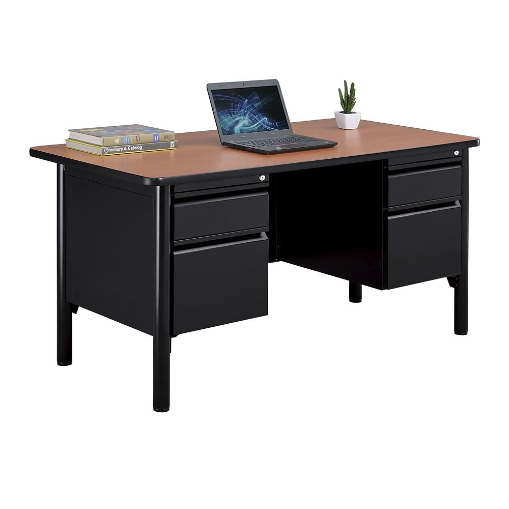 nbf signature series Stahl Double Pedestal Office Desk – Durable Cherry Laminate Computer Desk with 4 Lockable Drawers – Modern Executive Desk with