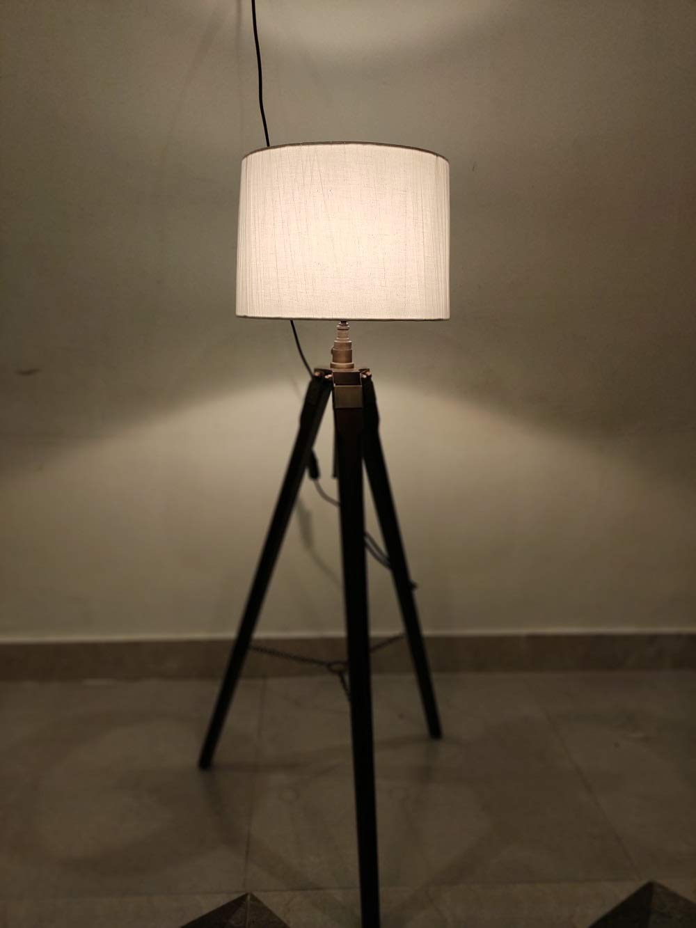 wooden tripod floor lamp stand with off white shade and bulb decorative lamp