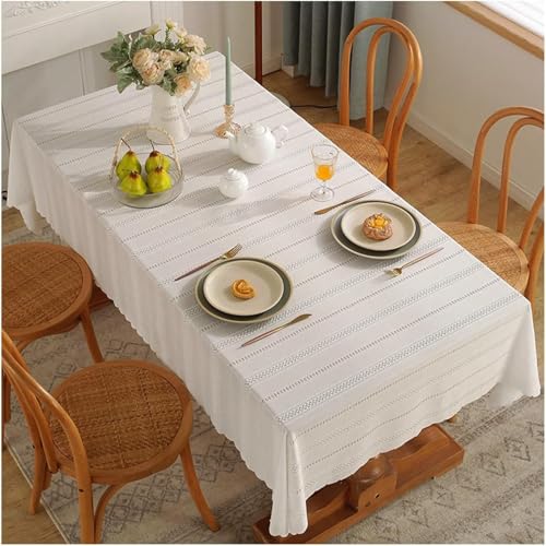 Mantel rectangular, mantel rectangular, mantel de chenilla, mantel de cena, lavable, color sólido, rayas huecas de rombos con borde ondulado, mantel para exterior e interior