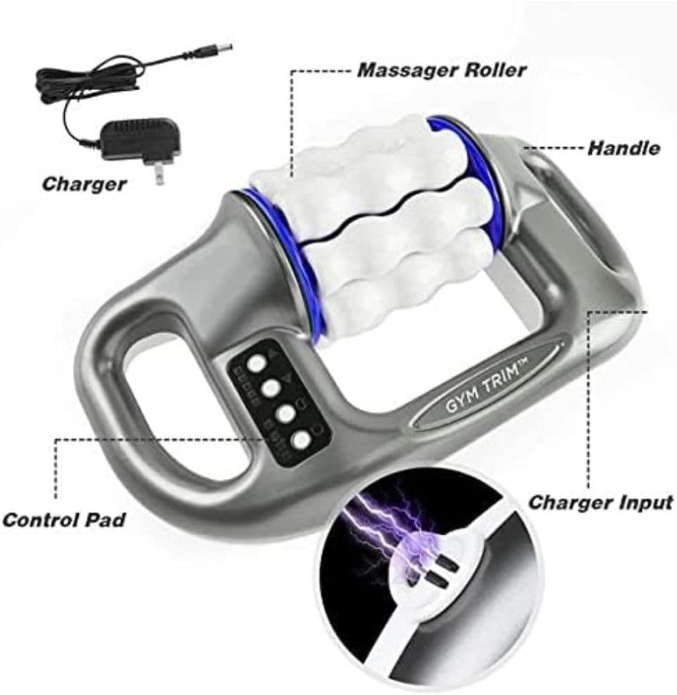Diagram of Igia Body Electric Massager components including massager roller, handle, control pad, and charger input.
