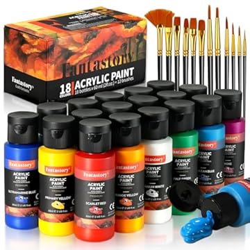 fantastory Acrylic Paint Set 18 Classic Colors (60ml) with 12 Brushes, Professional Craft Thick Paints Kits for Adults, Canvas Wood Fabric Ceramic Rock Painting Supplies [Professional Series]