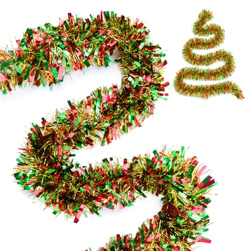 G2PLUS 10M Guirlande Noel Sapin: Guirlandes Tinsel Noël Rouge et Vert pour Sapin, Décoration Intérieure et Extérieure de Fête