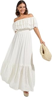 Styli Women Off White Off Shoulder Tiered Maxi Length Dress Price In India