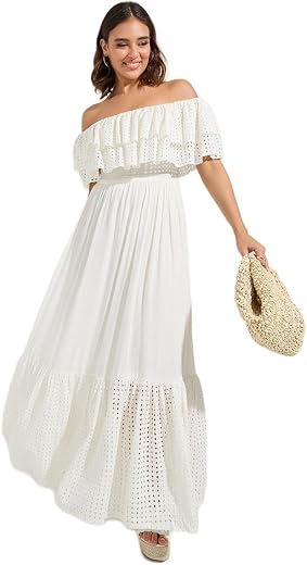 Styli Women Off White Off Shoulder Tiered Maxi Length Dress