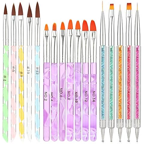 Bohoman 17 Pcs Acrylic Nail Brush,UV Gel Nail Painting Brush Nail Art Tips Builder Brush and Gel Painting Dotting Acrylic Nail Brush Pens Cover