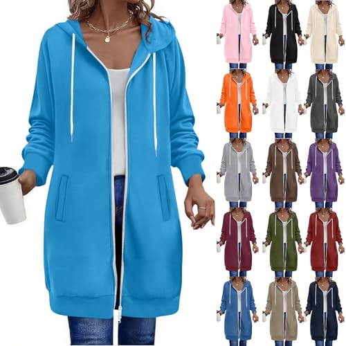 long sweatshirts for women Long Hoodies for Women Zip Up Fleece Oversized Tunic Sweatshirts with Pockets 2025 Fall Lightweight Jackets Sky Blue L
