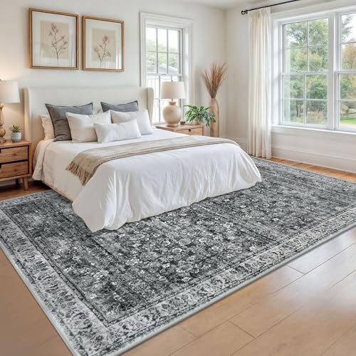Moss Charcoal 9x12 Washable Rug, Vintage Floral Large Area Rug for Living Room Non-Slip Ultra Soft Bedroom Rugs Tribal Traditional Farmhouse Carpet for Dining Room Office Home Décor
