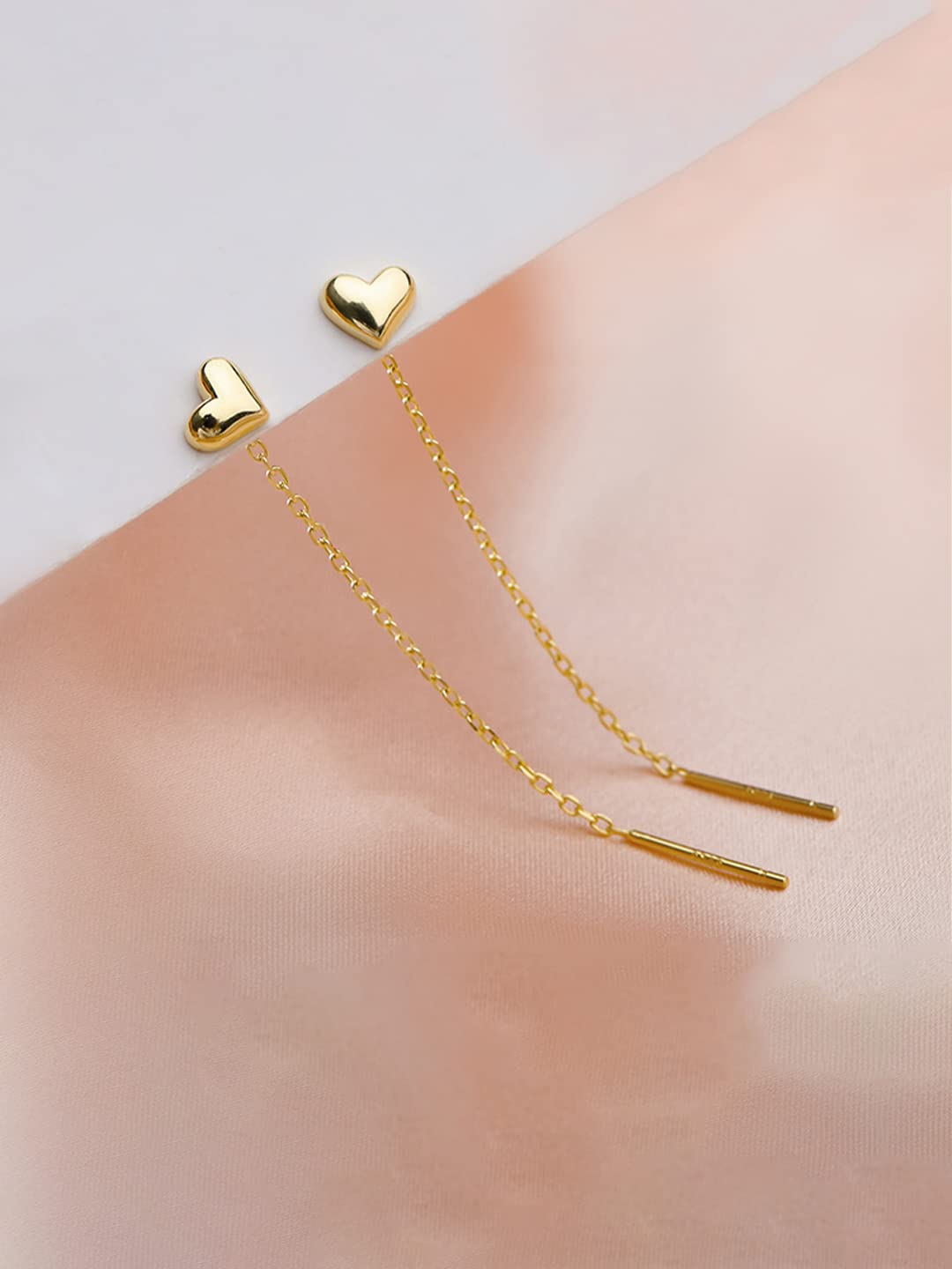 Plated Heart Shaped Long Chain Threader Earrings