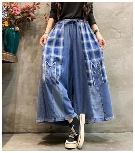 Extra Wide Leg Denim Pants for Women with Embroidery Elastic Band & Drawstring,Fashionable Literary Vibe Dressy Jean3