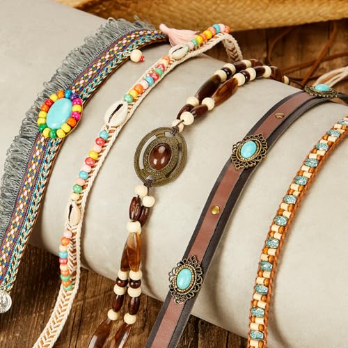 Image of Straw Cowboy Hat for Women & Men Western Cowgirl Hat Woven Sun Hat Adjustable Decorative Cowboy Hats with 5 Detachable Decorative Bands for Party Beach Travel & Outdoor Brown