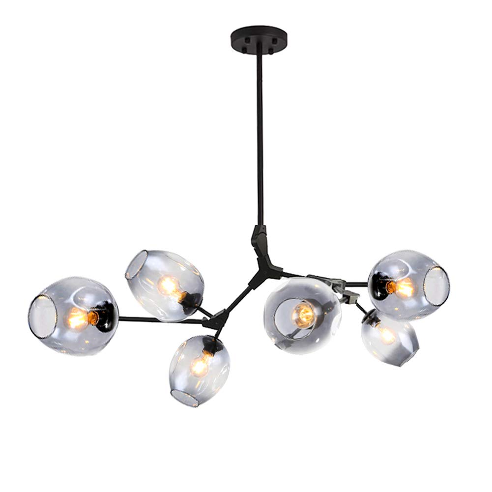 CSXSXAUO Matte Black Nordic Chandelier - Adjustable Height Mid Century Glass Ball Pendant Light Fixture, 6 E26 Bulbs, Hand-Blown Branch Design, 59" Grant Soot